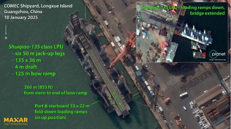 A satellite photo of a Chinese landing dock being built. It is about 135 meters long