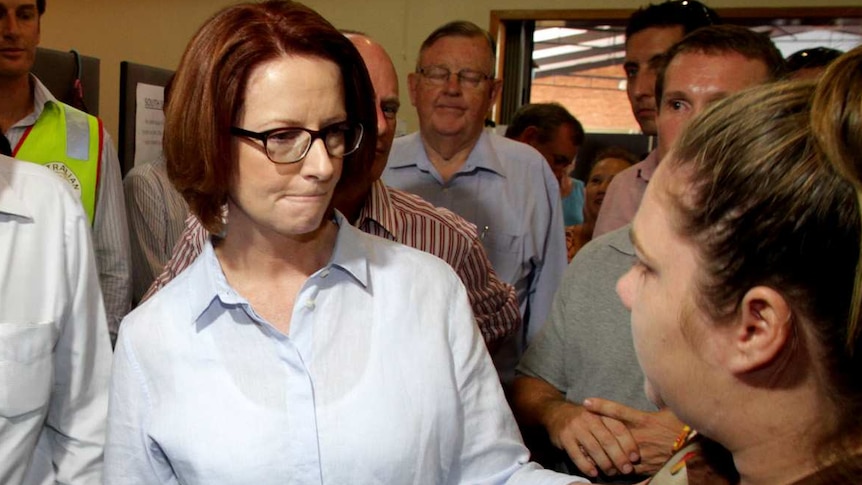 Julia Gillard and Wayne Swan at the Bundaberg evacuation centre.