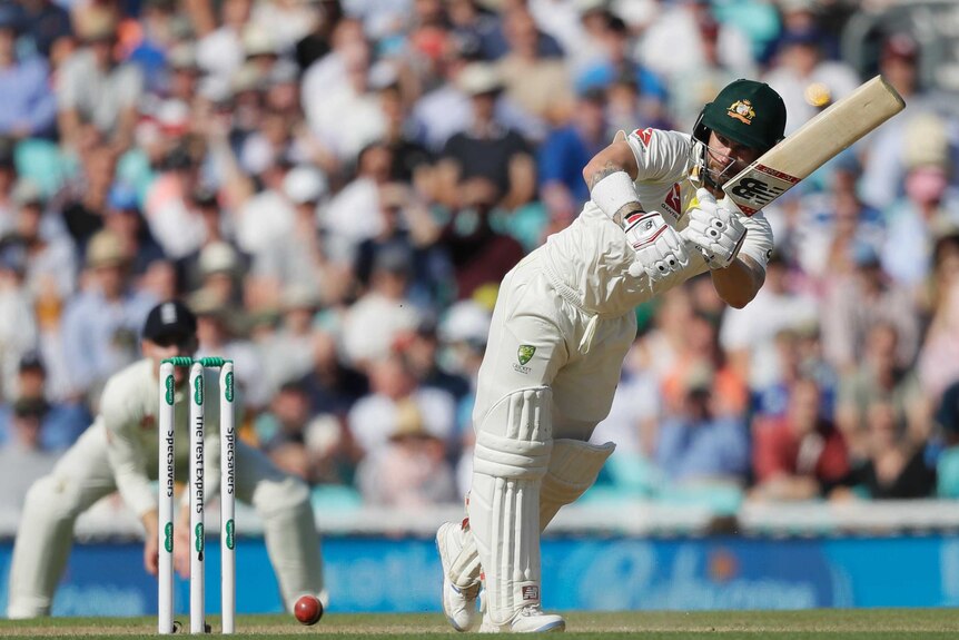The ball runs away Australia batsman Matthew Wade clips of his pads during an Ashes Test at The Oval.