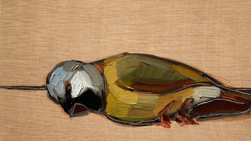 A painting on wood of a dead black-throated finch.