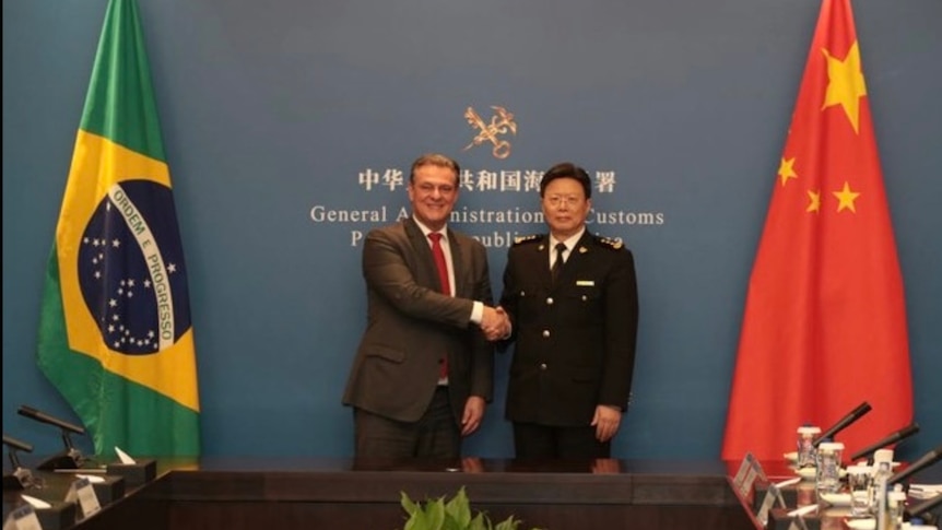 Brazil's Minister of Agriculture Carlos Fávaro and China's Minister of the General Administration of Customs, Yu Jianhua. 