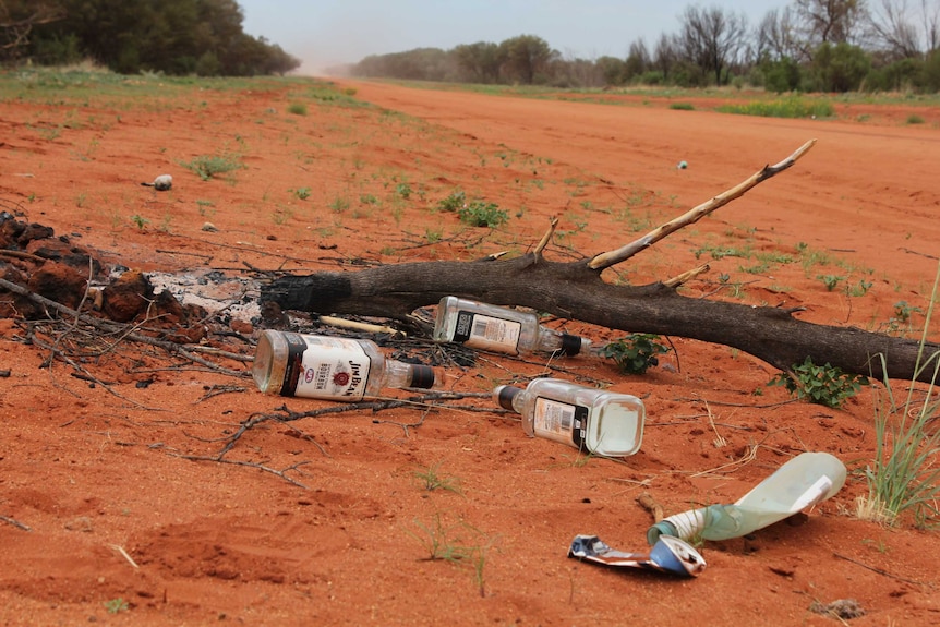 Empty bottles of alcohol discarded on the road.