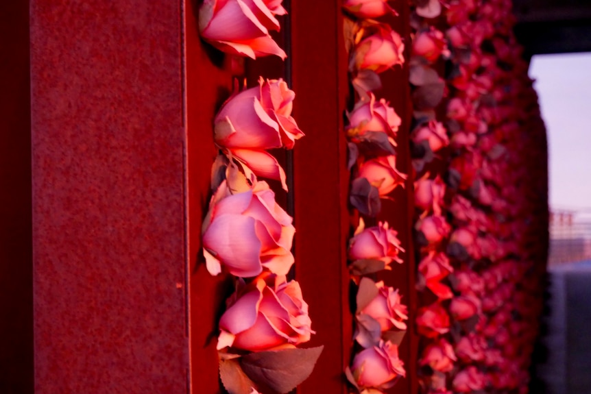 Red Roses line the Broken Hill Miner's Memorial on top of the Line of Lode. 