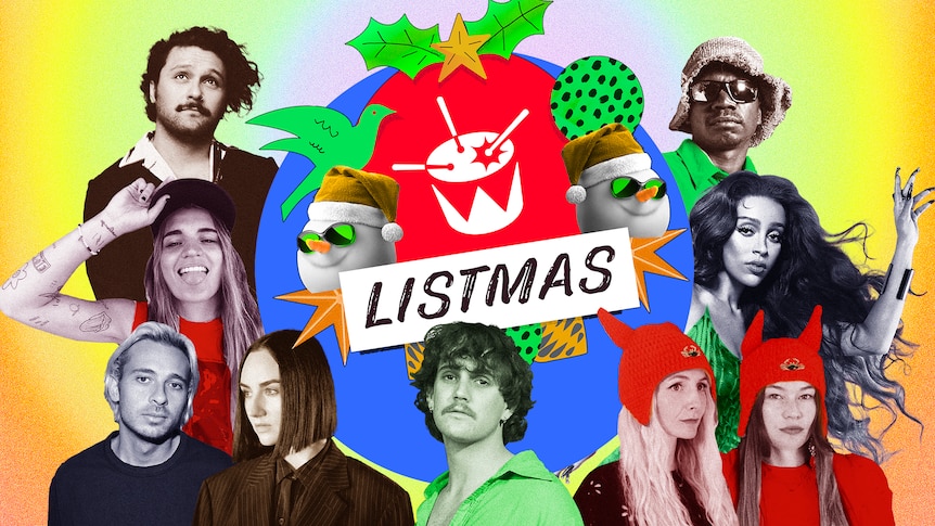 A collage of artists with a laurel wreath reading listmas