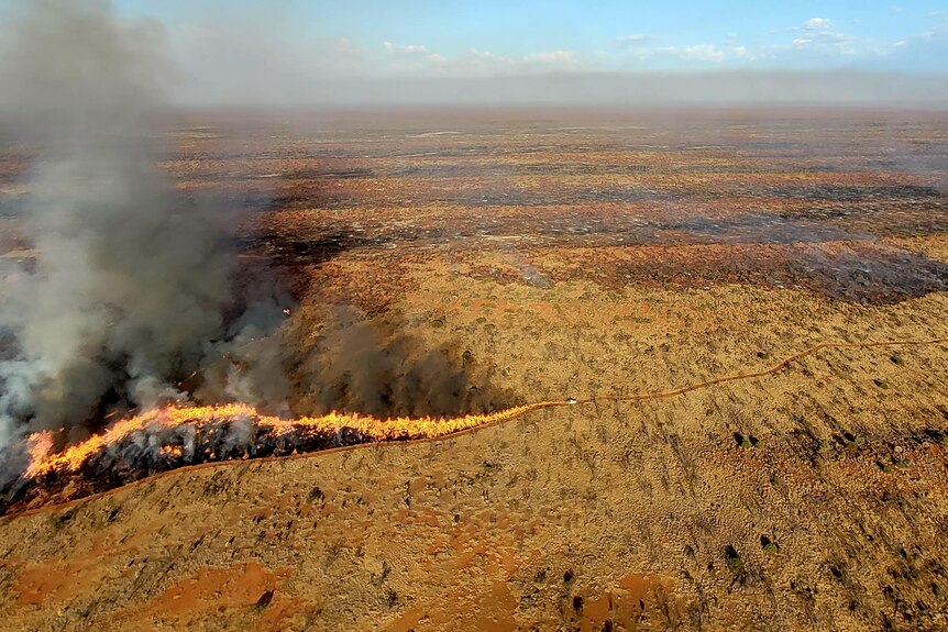 A grass fire burns through dry terrain