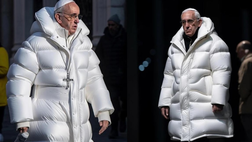 An AI generated image of Pope Francis wearing a Balenciaga puffer jacket