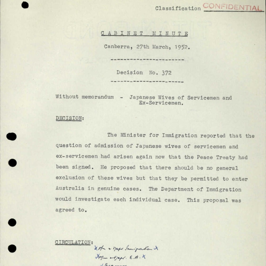 a cabinet minute detailing a decision on japanese war brides