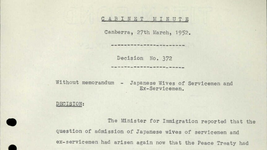 a cabinet minute detailing a decision on japanese war brides