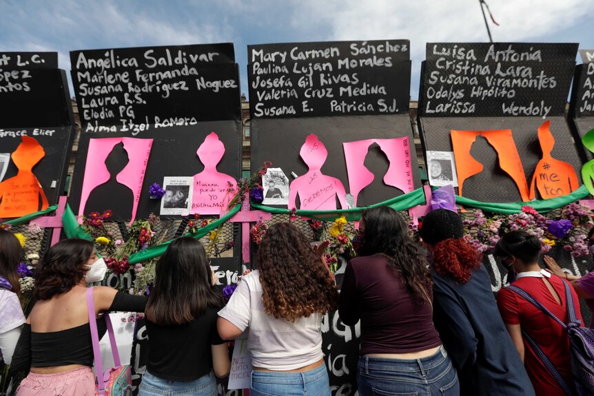 Women cue in front of homemade signs commemorating women who have been killed