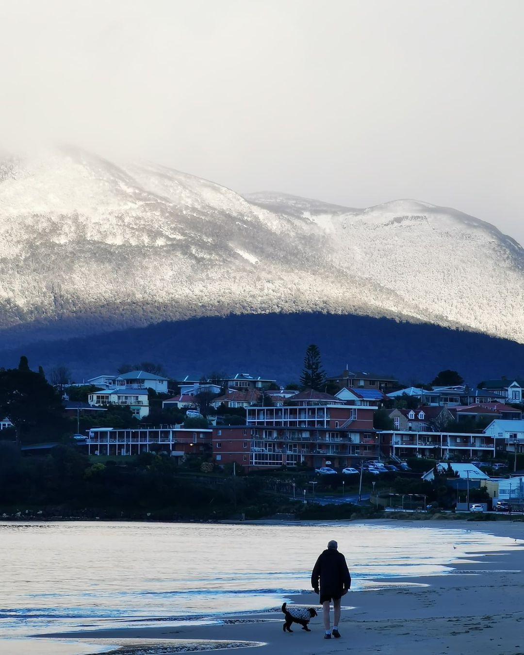 Snow on kunanyi/Mt Wellington seen from Bellerive beach, Tasmania. August 2021