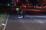 The backs of two police officers examining the scene of a crash.