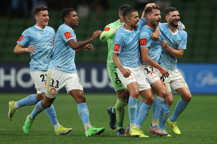 Melbourne City players celebrate a goal in the A-League Men.