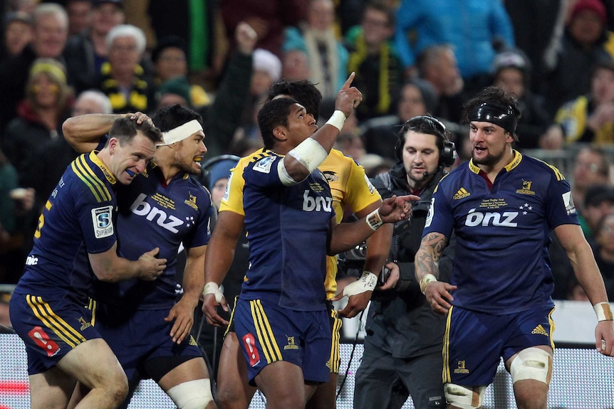 Waisake Naholo celebrates try for Highlanders