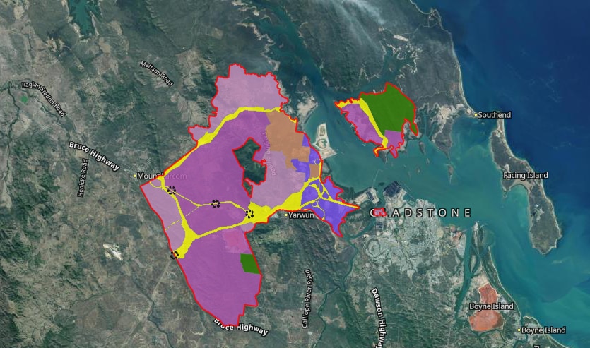 A map of Gladstone and the harbour with different areas highlighted different colours