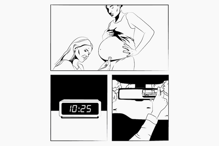 Comic illustration of woman checking pregnant womans belly for babies heartbeat.