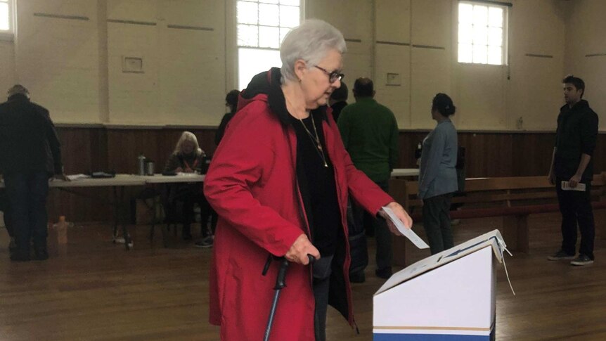 An elderly woman in a red jacket puts her vote in a ballot box.