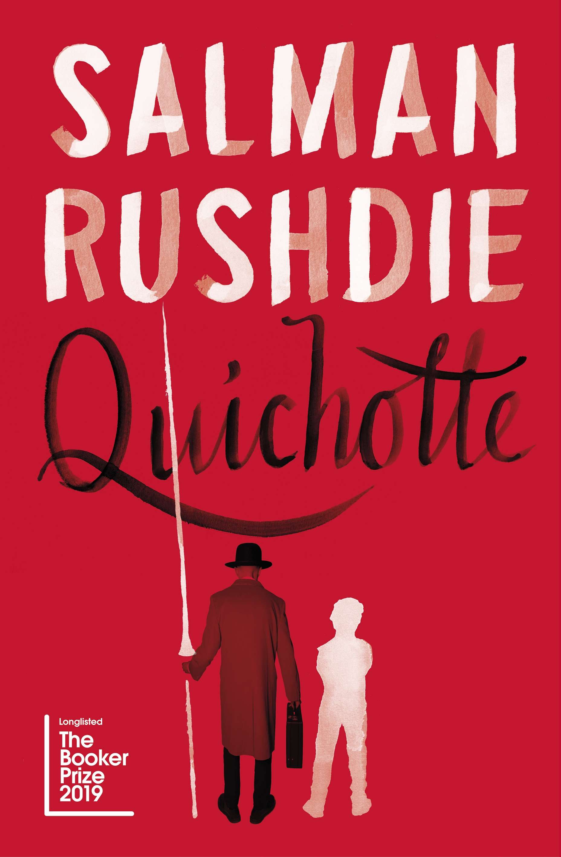 Quichotte by Salman Rushdie book cover featuring a man in a bowler hat and long coat and the outline of a child