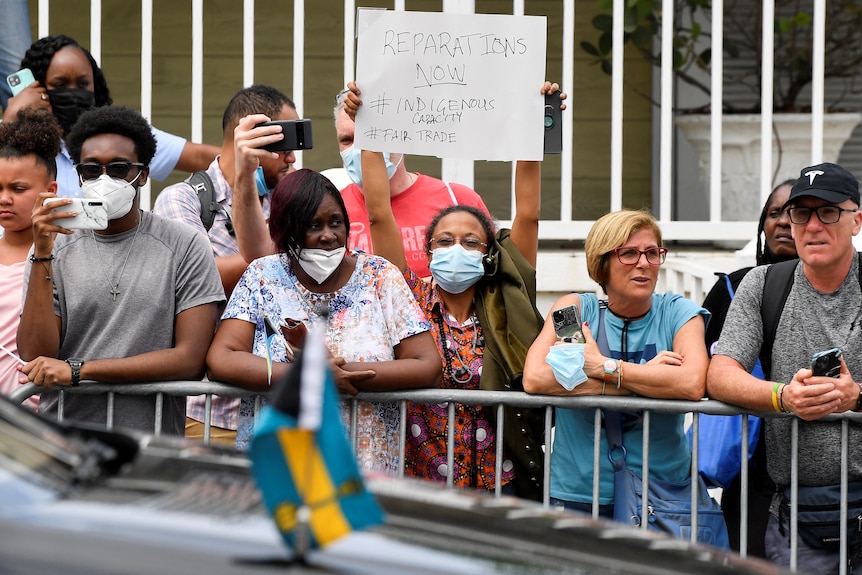 A woman stands amongst a crowd waiting to meet the royal pair, holding a sign that reads 'reparations now'