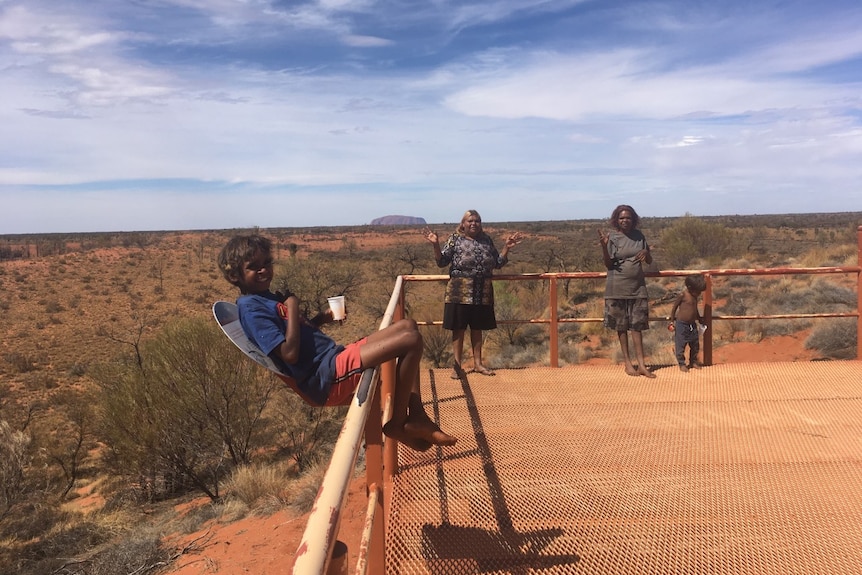 Tristan Cooley, Janelle Taylor, Rosalinda Taylor and Zacharia Cooley at a popular Kata Tjuta and Uluru Lookout.