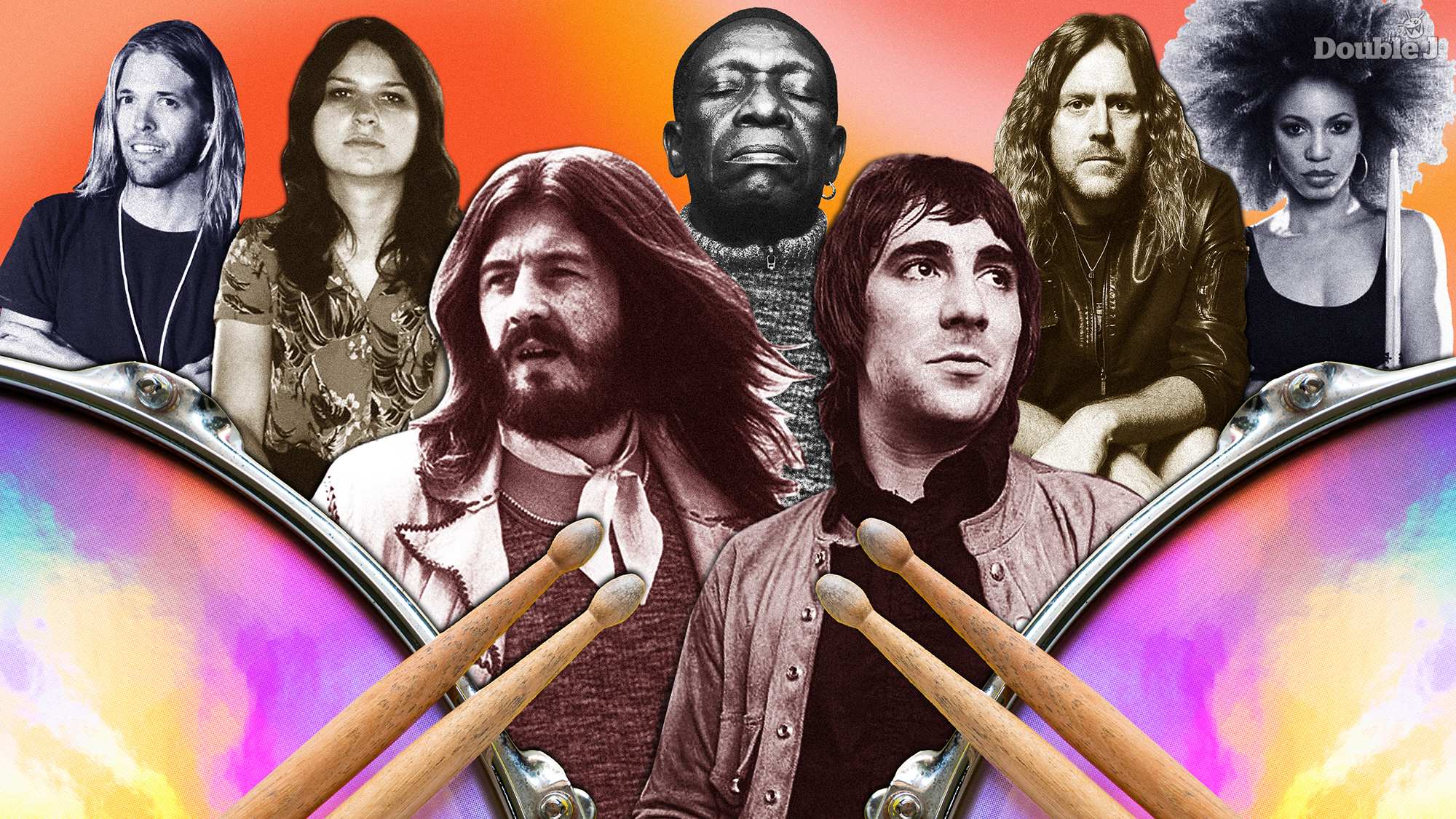 A collage of famous drummers Taylor Hawkins, Stella Mozgawa, John Bonham, Tony Allen, Keith Moon, Kram, and Cindy Blackman