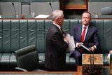 Shorten is sitting on the government benches, looking at Turnbull has he walks by.