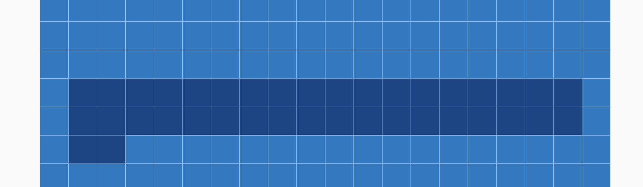 A grid of blue squares with 38 of them highlighted with a darker blue.