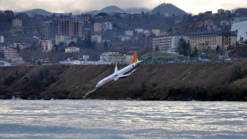 A Pegasus Airlines plane is seen sitting on dirt facing downhill towards the sea after skidding off a runway.
