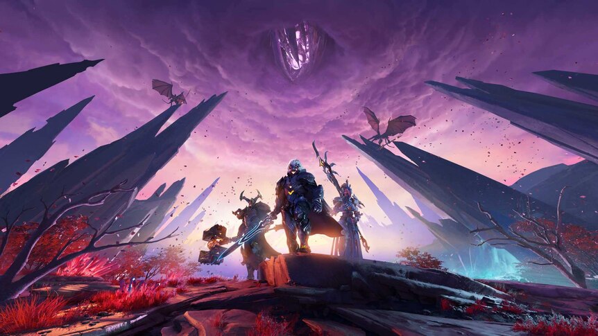 An image of three warriors on rocky terrain, with purple clouds and two dragons in the distance.