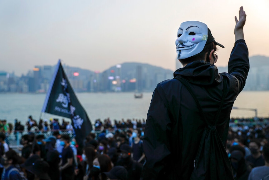 You view the back of a black-clad protester with a Guy Fawkes mask as he raises his right arm in front of a crowd.