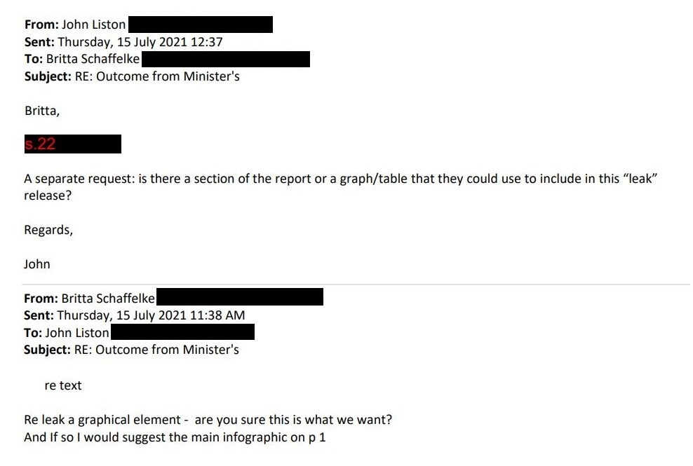 An email from AIMS director of communications asking an employee if there are any graphics that could be included in a "leak".