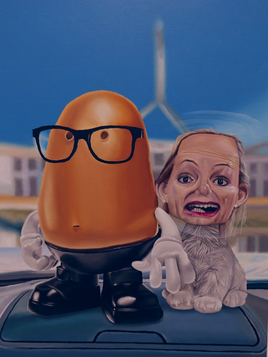Peter Dutton as Mr Potato Head and Sussan Ley as a cat bobble head.