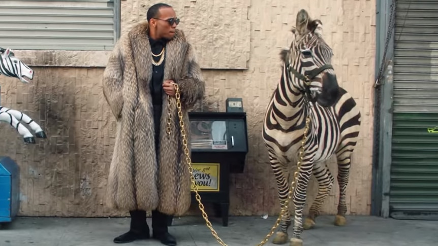 Anderson .Paak in a fur coat holding a zebra in the 2018 video for 'Bubblin'