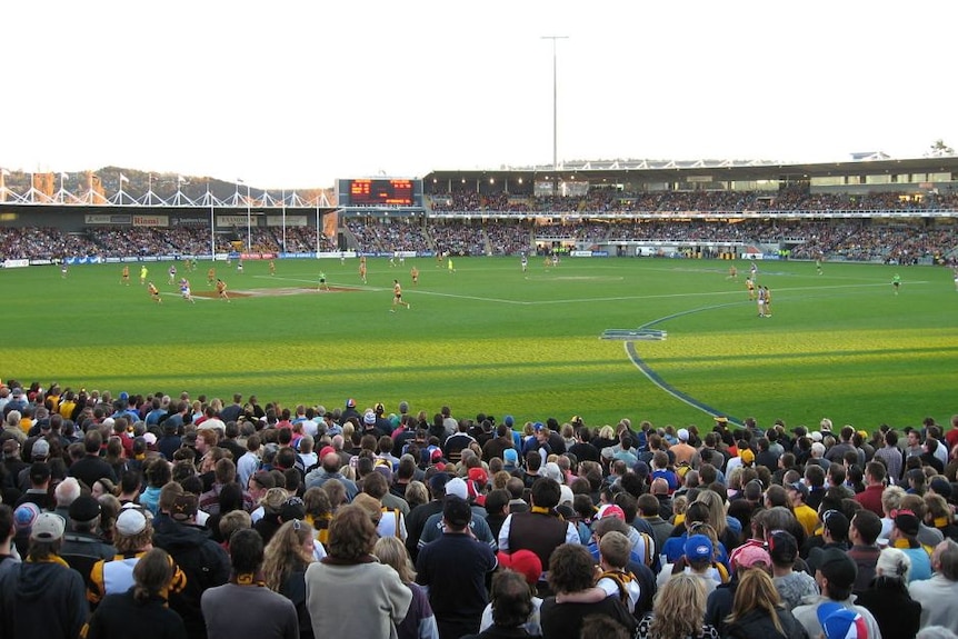 crowd gathered and watching a Australian Rules Football game