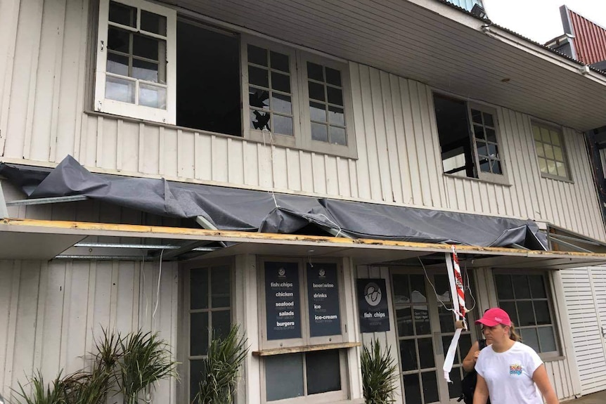 A building with smashed windows on Hamilton Island after Cyclone Debbie.