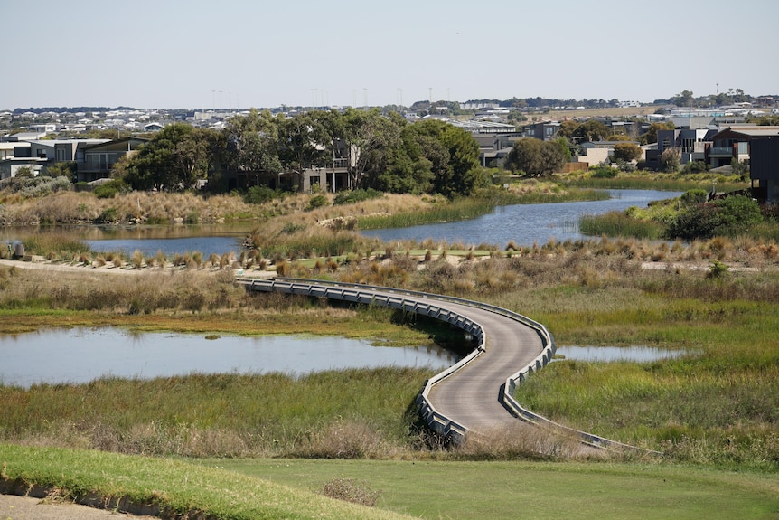 Landscape shot of wetlands and houses in Torquay