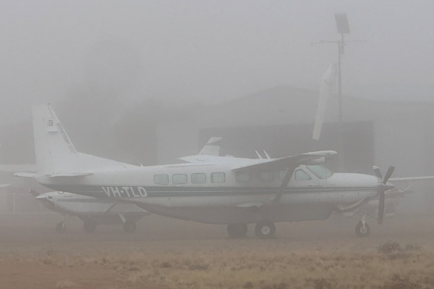 plane on ground in fog