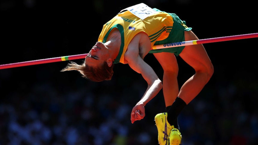 Australia's Brandon Starc competes in qualification for men's high jump at world athletic titles.