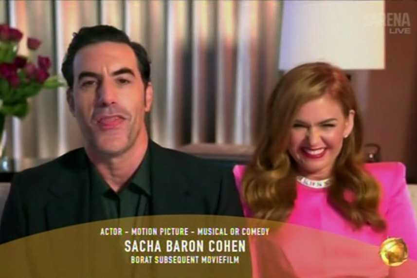 Sacha Baron Cohen and Isla Fisher at the 2021 Golden Globes.