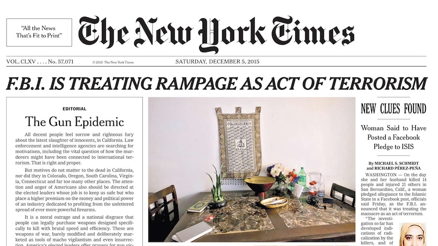 New York Times front page for December 5, 2015