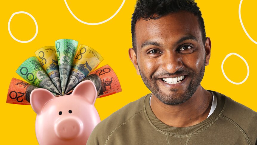 A portrait of Nazeem Hussain next to a piggy bank filling with bank notes, in a story about saving money.