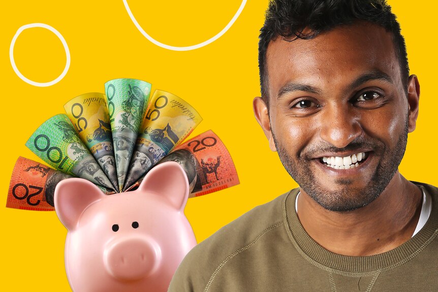 A portrait of Nazeem Hussain next to a piggy bank filling with bank notes.