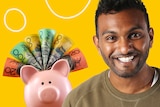 A portrait of Nazeem Hussain next to a piggy bank filling with bank notes, in a story about saving money.