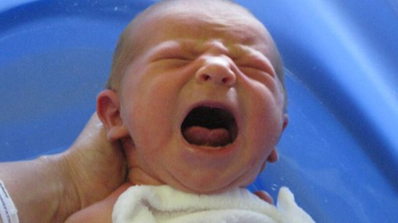 Newborn baby cries during a bath