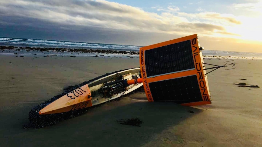 yacht looking research sail drone washed up on beach