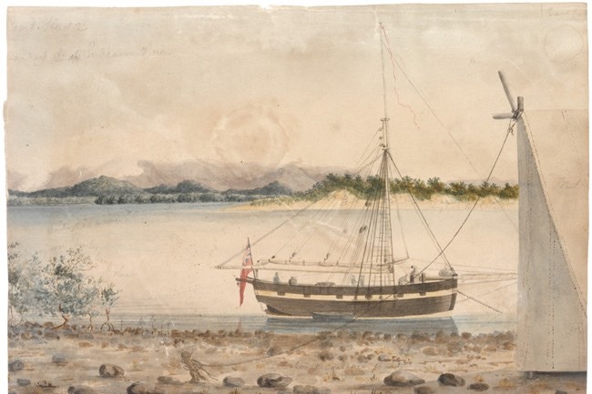 A painting of a sailing boat at anchor