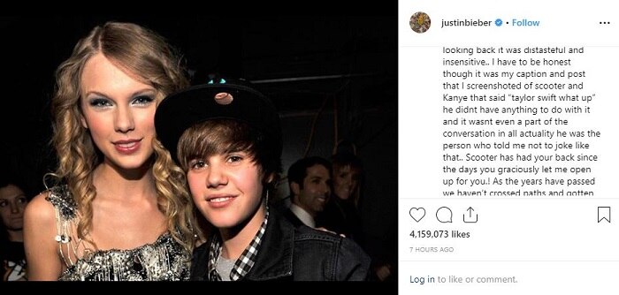 A young Justin Bieber and Taylor Swift posing in an Instagram post from Bieber. The caption is about Swift's bullying claim.