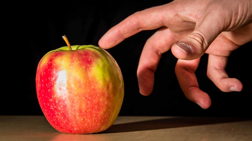 A person reaches for a red apple.