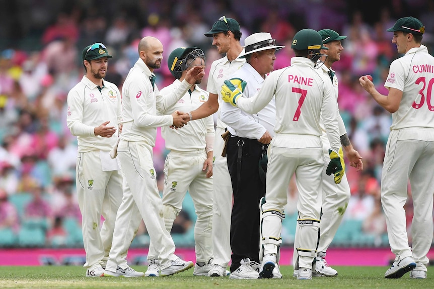 A bowler shakes hands with a smiling teammate after taking his fifth wicket for the innings.