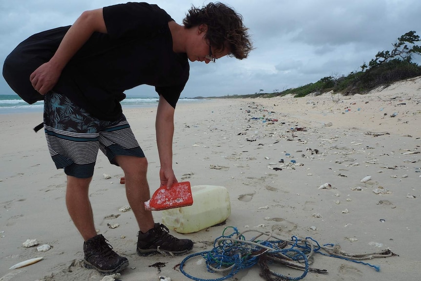 Tasmanian tourist Daniel Clark picks up rubbish