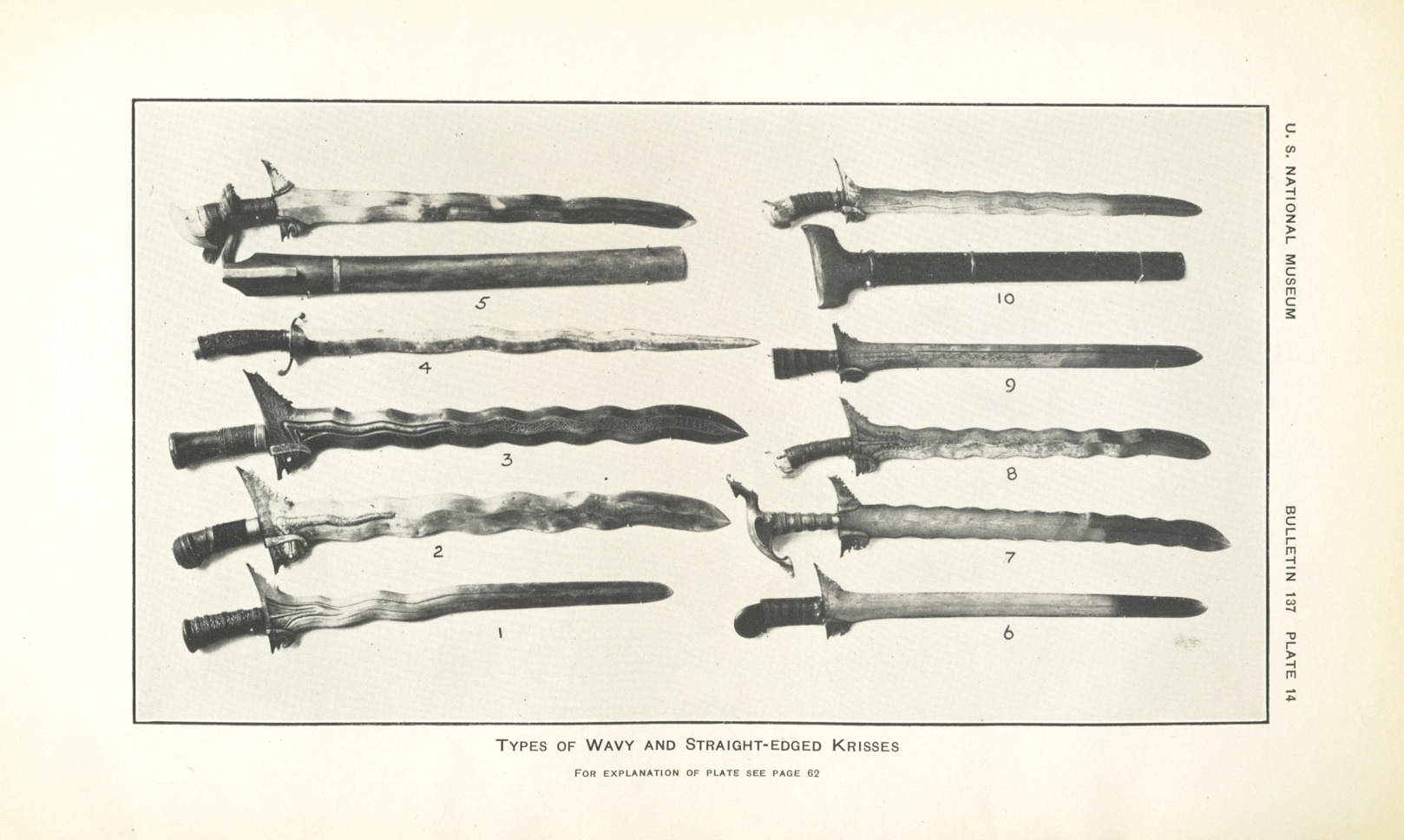Ten swords, some of which have a wavy blade while others have a straight blade.